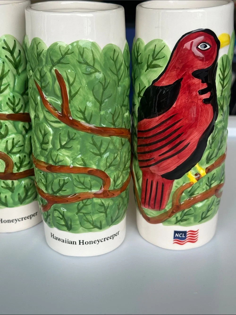 Vintage 4pc NCL Norwegian Cruise ceramic tiki tumbler Hawaiian honeycreeper bird